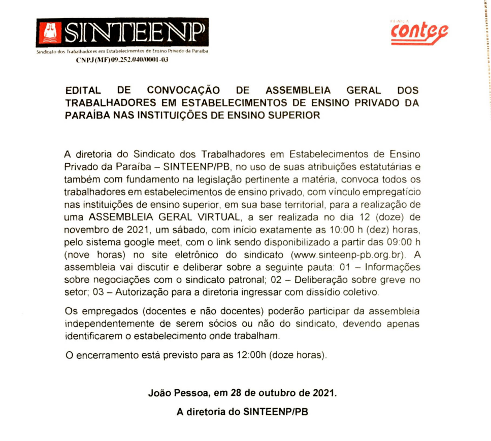 SINTEENP/PB – EDITAL DE CONVOCAÇÃO DE ASSEMBLEIA GERAL