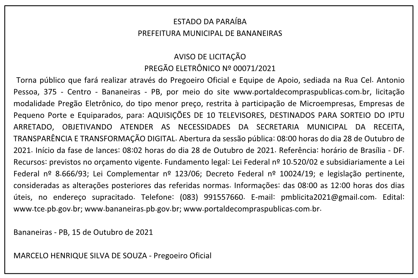 PREFEITURA MUNICIPAL DE BANANEIRAS – AVISO DE LICITAÇÃO – PREGÃO ELETRÔNICO Nº 00071/2021