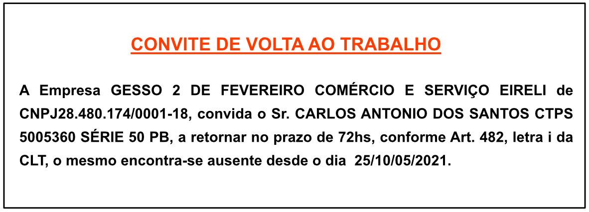 CONVITE DE VOLTA AO TRABALHO – GESSO 2 DE FEVEREIRO COMÉRCIO E SERVIÇO EIRELI