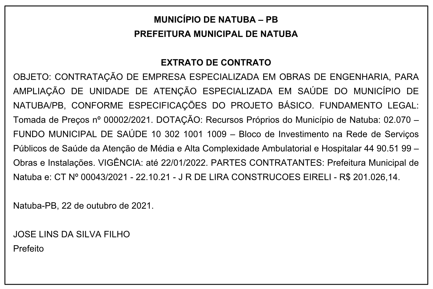 PREFEITURA MUNICIPAL DE NATUBA – EXTRATO DE CONTRATO