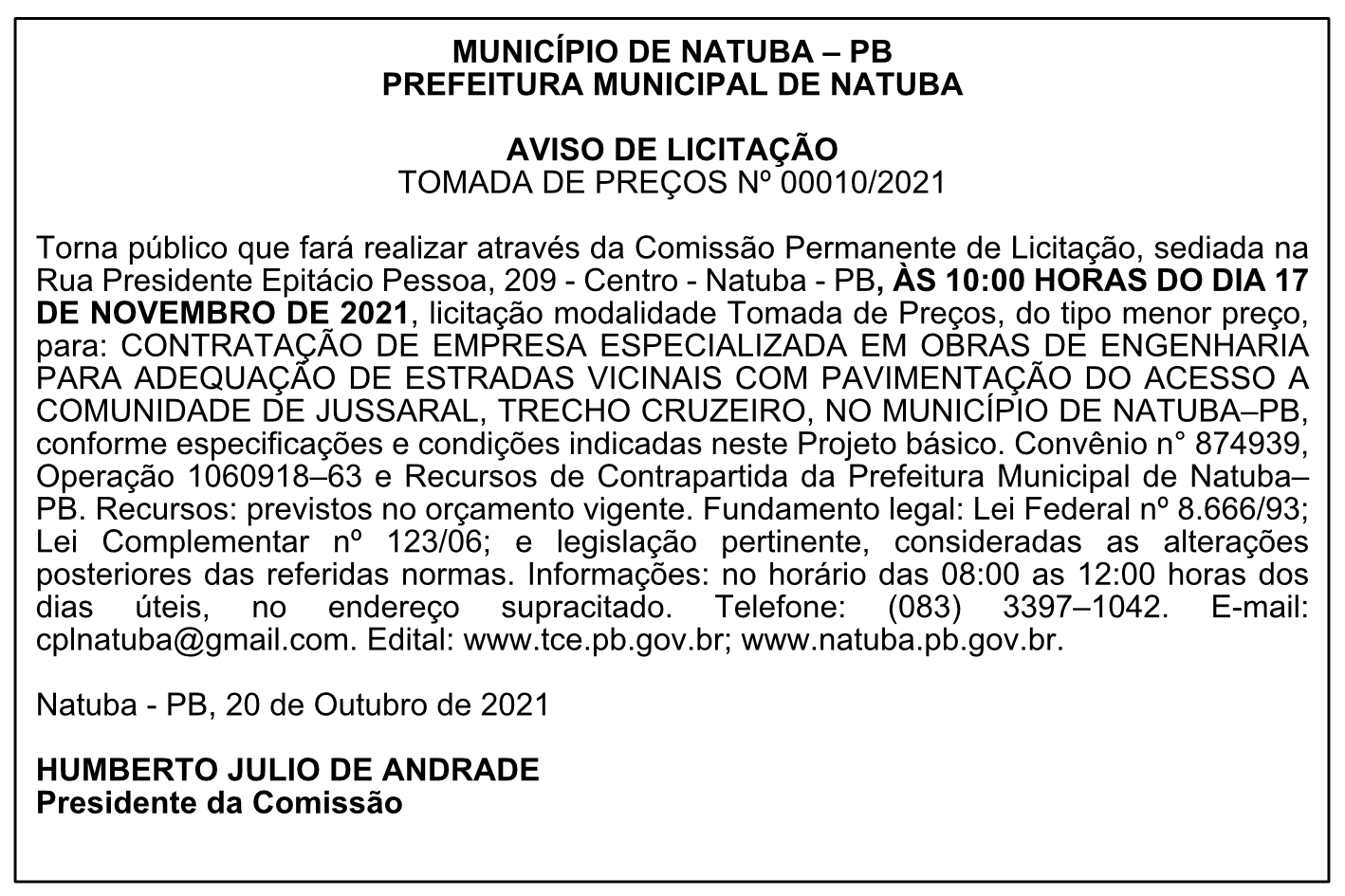 PREFEITURA MUNICIPAL DE NATUBA – AVISO DE LICITAÇÃO – TOMADA DE PREÇOS Nº 00010/2021