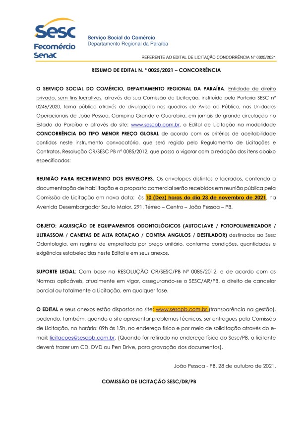SESC – RESUMO DE EDITAL N. º 0025/2021 – CONCORRÊNCIA