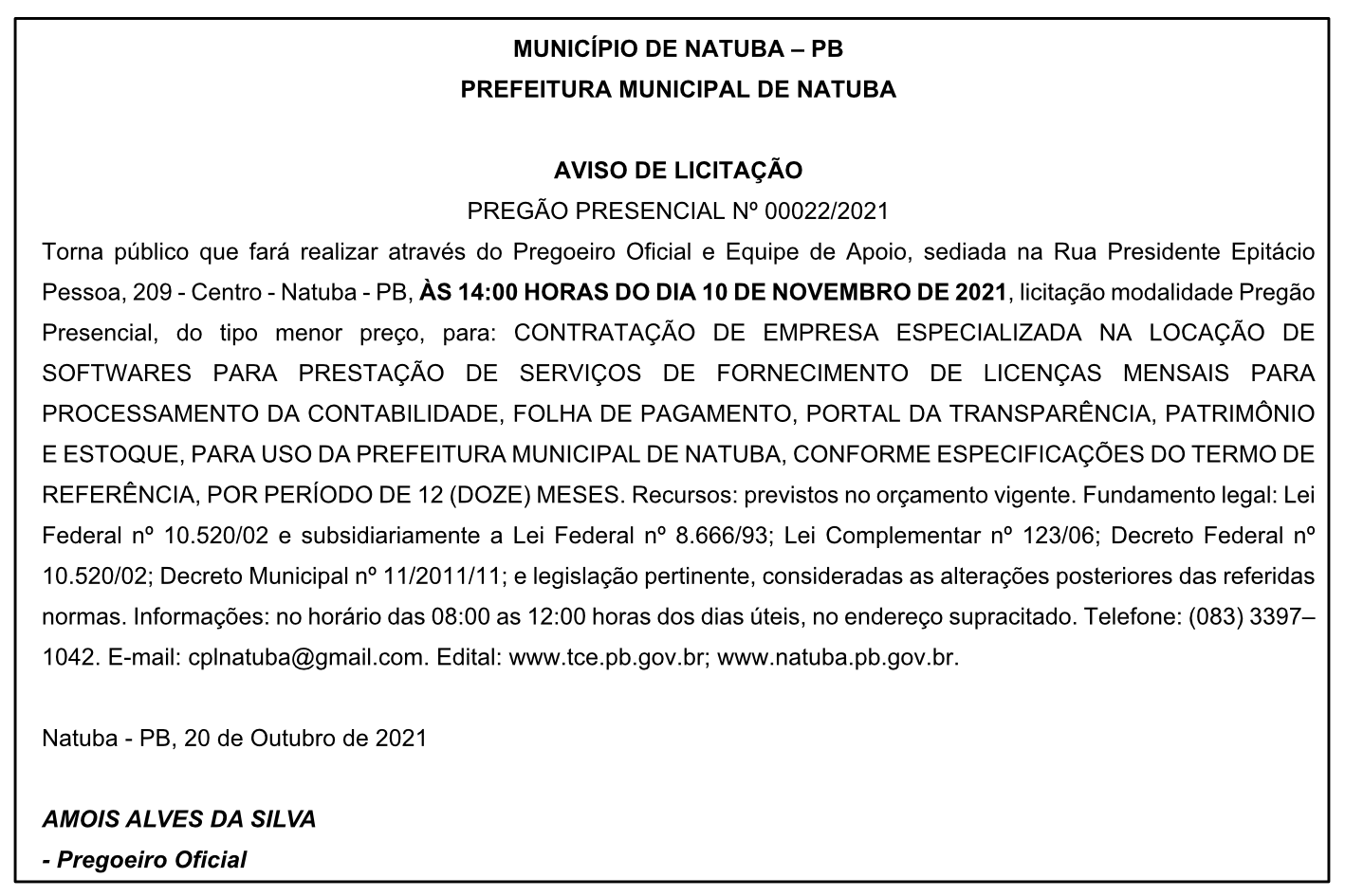 PREFEITURA MUNICIPAL DE NATUBA – AVISO DE LICITAÇÃO – PREGÃO PRESENCIAL Nº 00022/2021