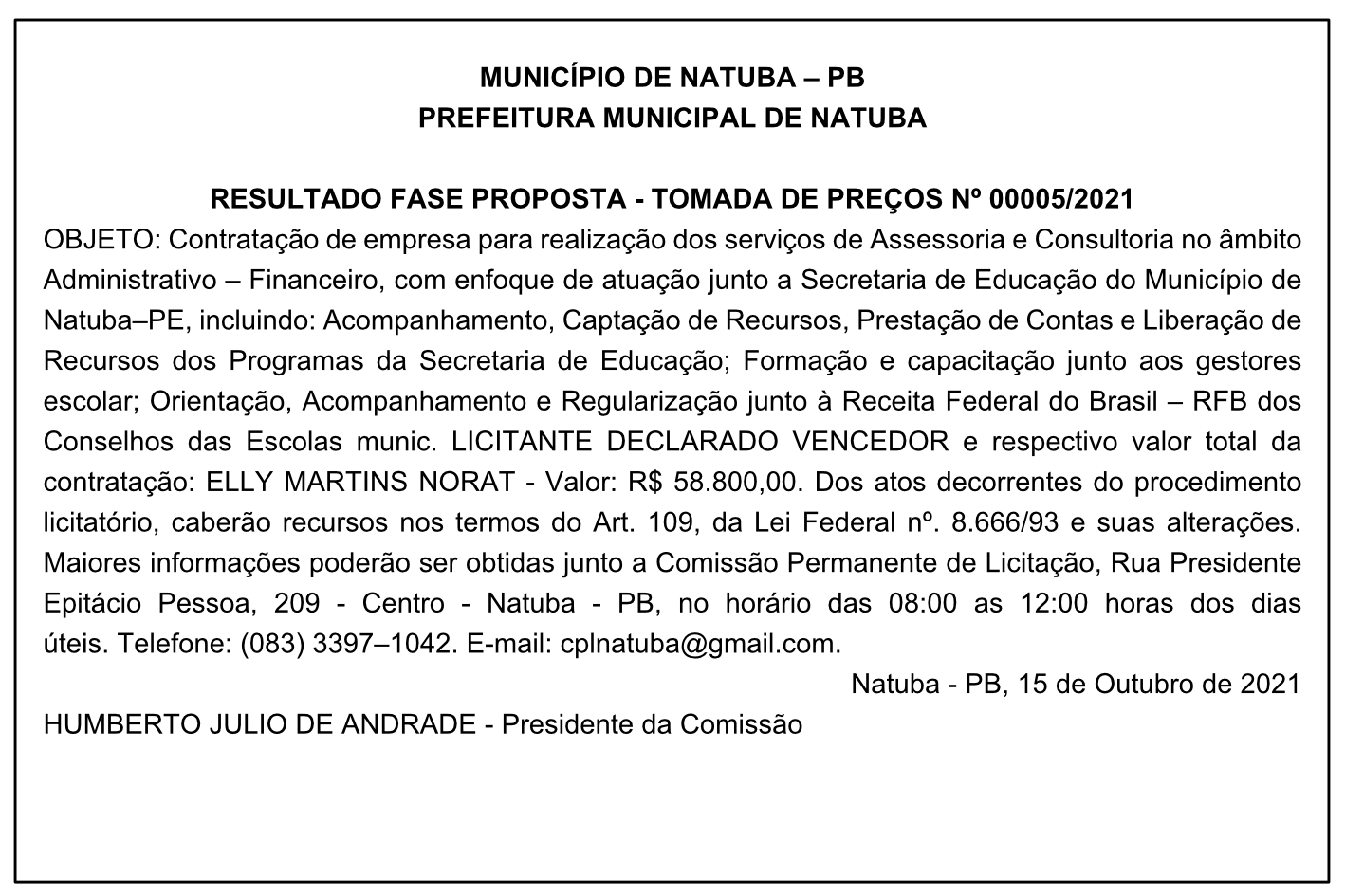 PREFEITURA MUNICIPAL DE NATUBA – RESULTADO FASE PROPOSTA – TOMADA DE PREÇOS Nº 00005/2021