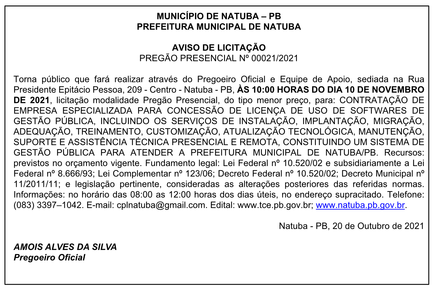 PREFEITURA MUNICIPAL DE NATUBA – AVISO DE LICITAÇÃO – PREGÃO PRESENCIAL Nº 00021/2021