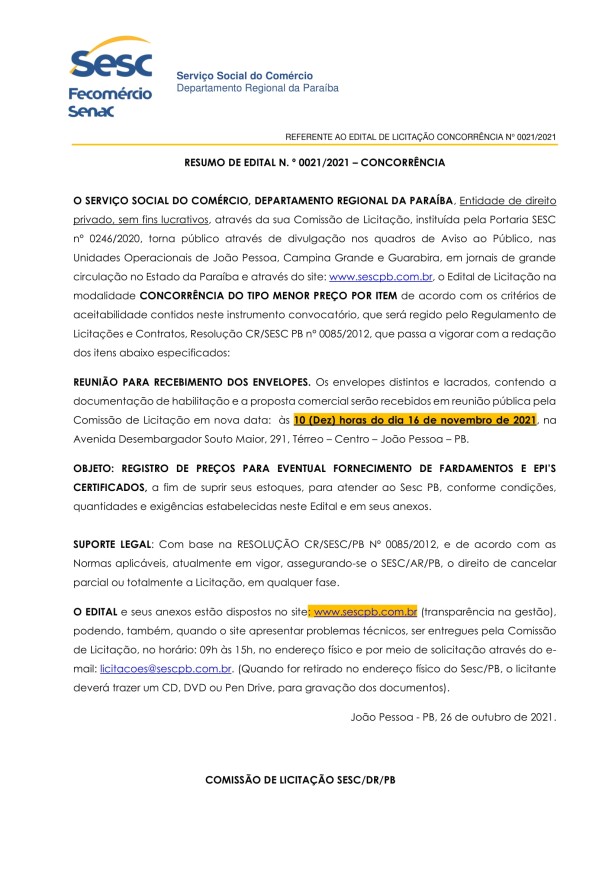SESC – RESUMO DE EDITAL N. º 0021/2021 – CONCORRÊNCIA