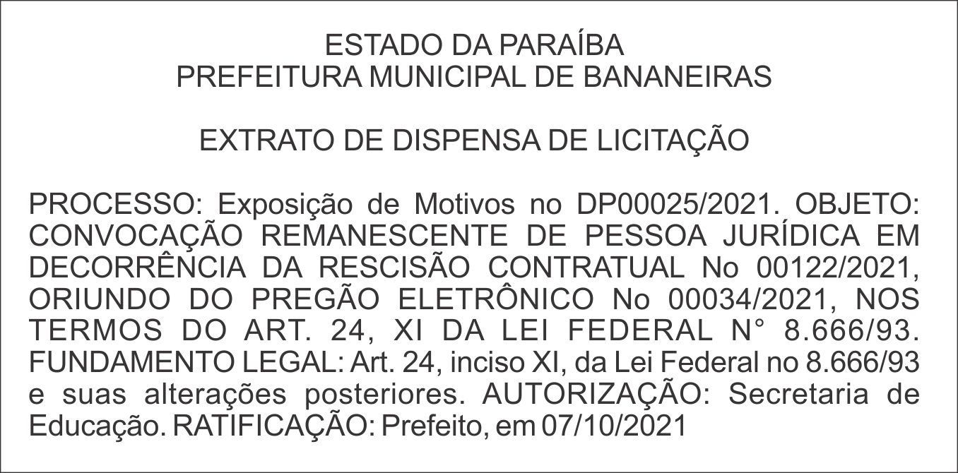 PREFEITURA MUNICIPAL DE BANANEIRAS – EXTRATO DE DISPENSA DE LICITAÇÃO