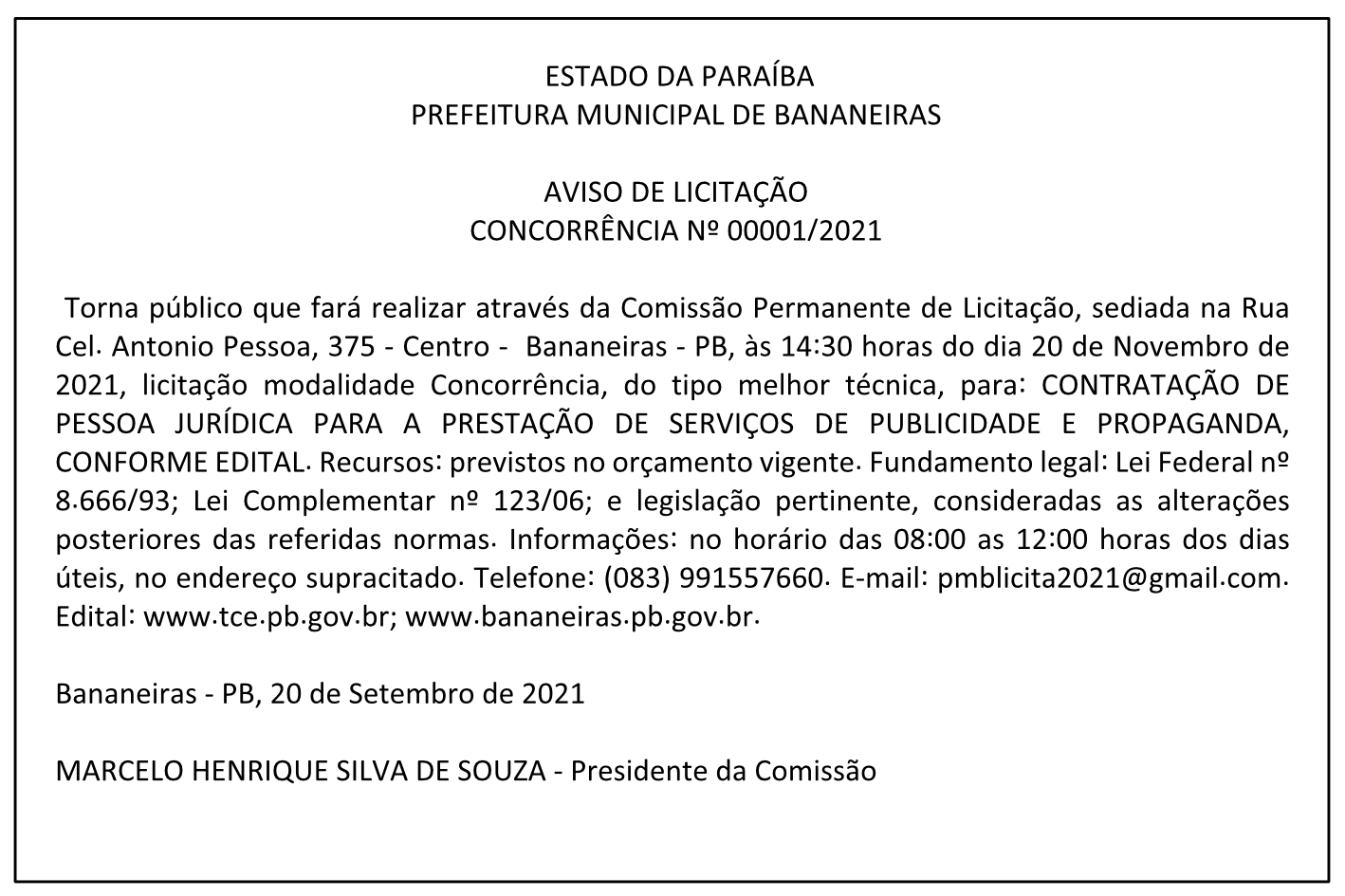 PREFEITURA MUNICIPAL DE BANANEIRAS – AVISO DE LICITAÇÃO CONCORRÊNCIA Nº 00001/2021