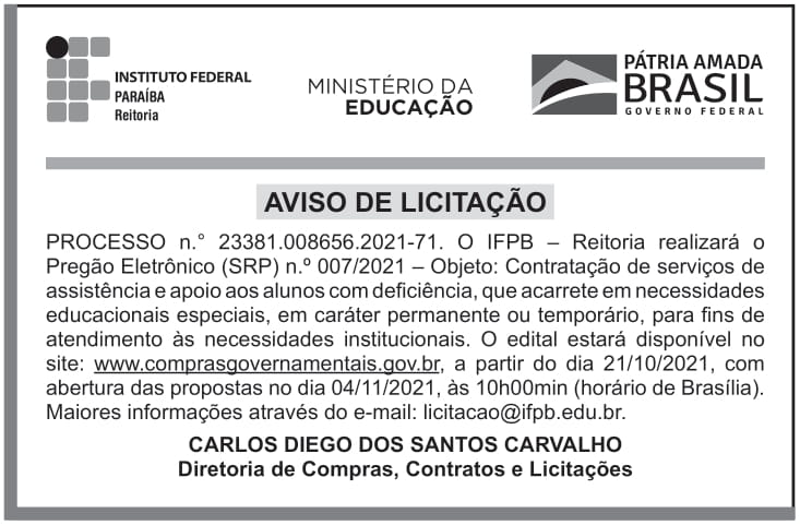 IFPB – PB – JOÃO PESSOA – EDITAL – PREGÃO ELETRÔNICO (SRP) Nº 007/2021 – REITORIA