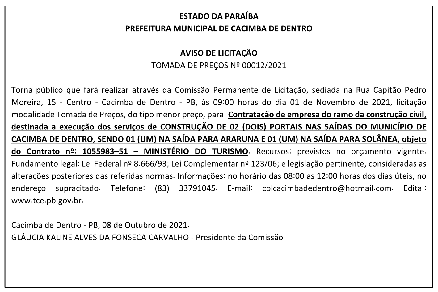 PREFEITURA MUNICIPAL DE CACIMBA DE DENTRO – AVISO DE LICITAÇÃO – TOMADA DE PREÇOS Nº 00012/2021