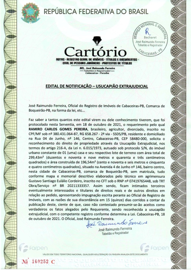 Ramiro Carlos Gomes Pereira – Edital de Notificação – Usucapião Extrajudicial
