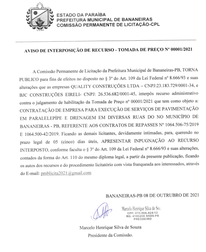 PREFEITURA MUNICIPAL DE BANANEIRAS – AVISO DE INTERPOSIÇÃO DE RECURSO – TOMADA DE PREÇO 00001/2021