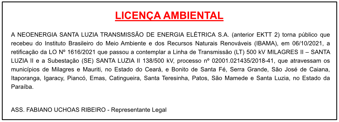NEOENERGIA SANTA LUZIA TRANSMISSÃO DE ENERGIA ELÉTRICA S.A – LICENÇA AMBIENTAL