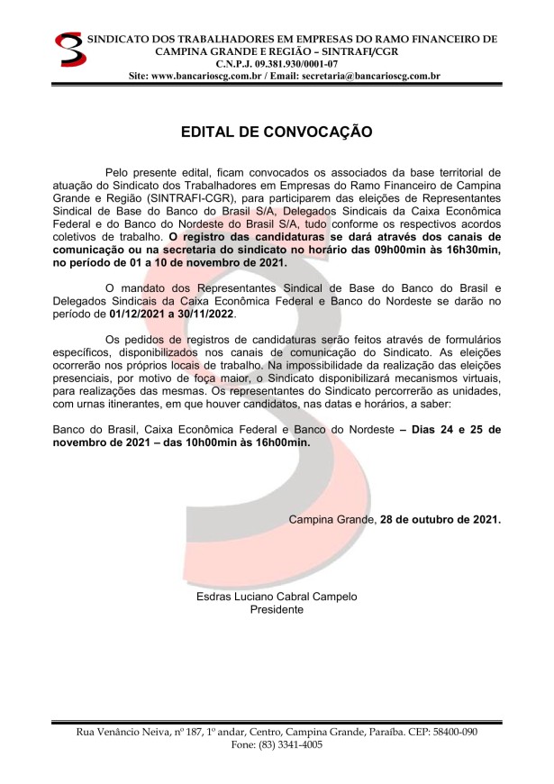 SINTRAFI/CGR – EDITAL DE CONVOCAÇÃO