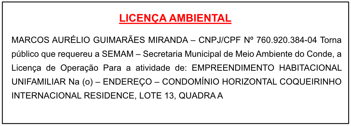MARCOS AURÉLIO GUIMARÃES MIRANDA – LICENÇA AMBIENTAL