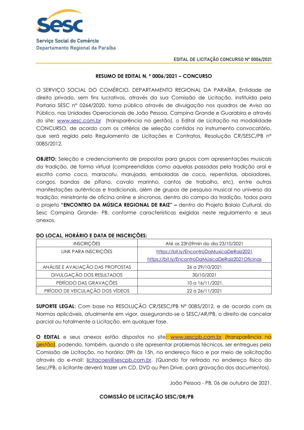 SESC – RESUMO DE EDITAL N.º 0006/2021 – CONCURSO