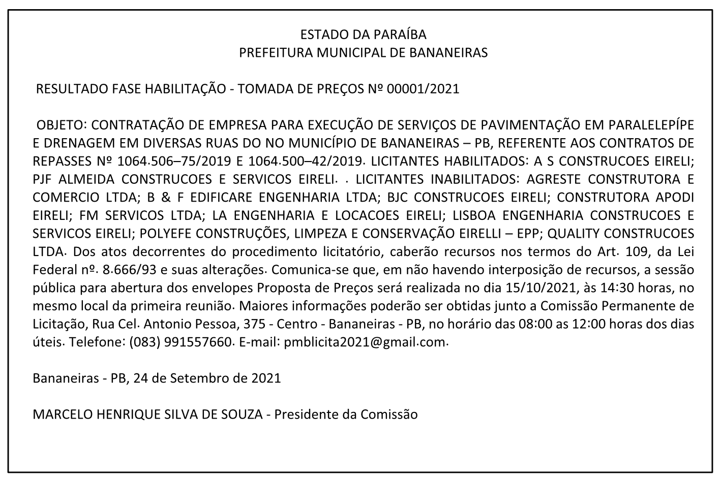 PREFEITURA MUNICIPAL DE BANANEIRAS – RESULTADO FASE HABILITAÇÃO – TOMADA DE PREÇOS No 00001/2021