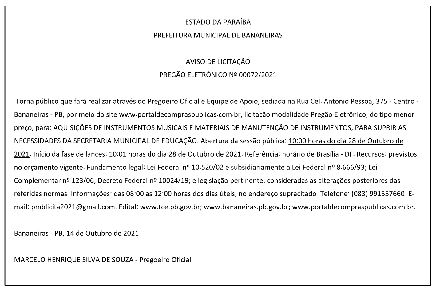 PREFEITURA MUNICIPAL DE BANANEIRAS – AVISO DE LICITAÇÃO – PREGÃO ELETRÔNICO Nº 00072/2021