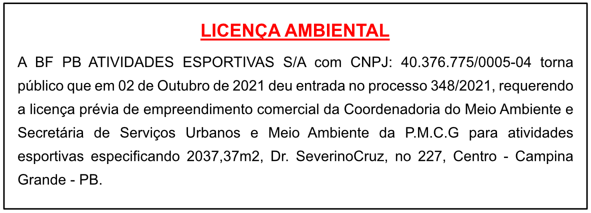 BF PB ATIVIDADES ESPORTIVAS S/A – LICENÇA AMBIENTAL