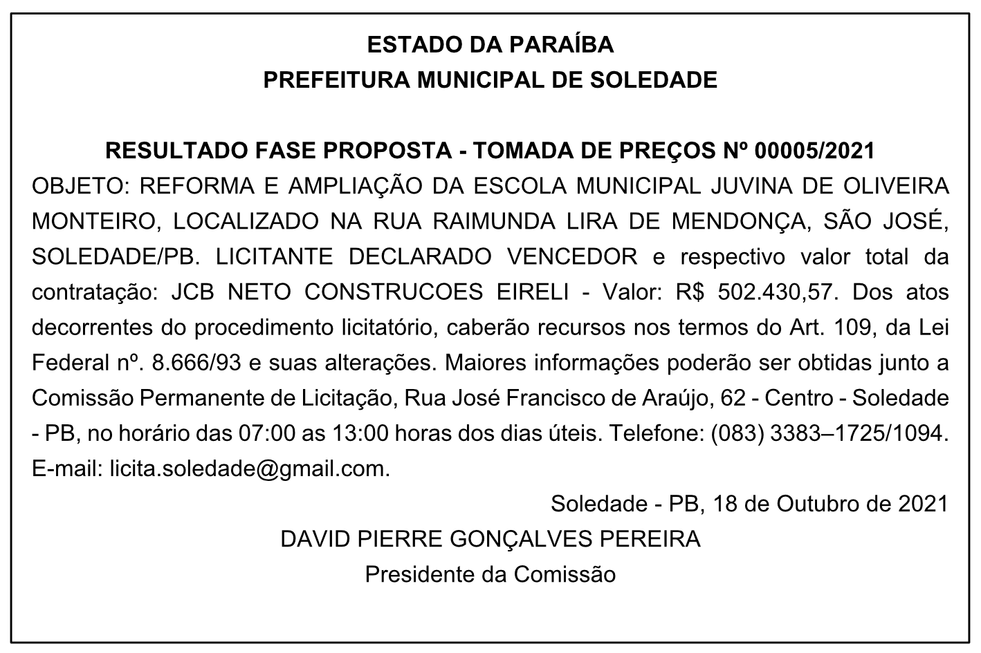 PREFEITURA MUNICIPAL DE SOLEDADE – RESULTADO FASE PROPOSTA – TOMADA DE PREÇOS Nº 00004/2021