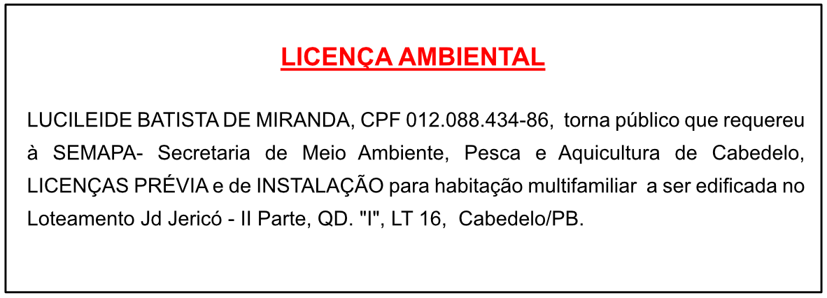 LUCILEIDE BATISTA DE MIRANDA – LICENÇA AMBIENTAL