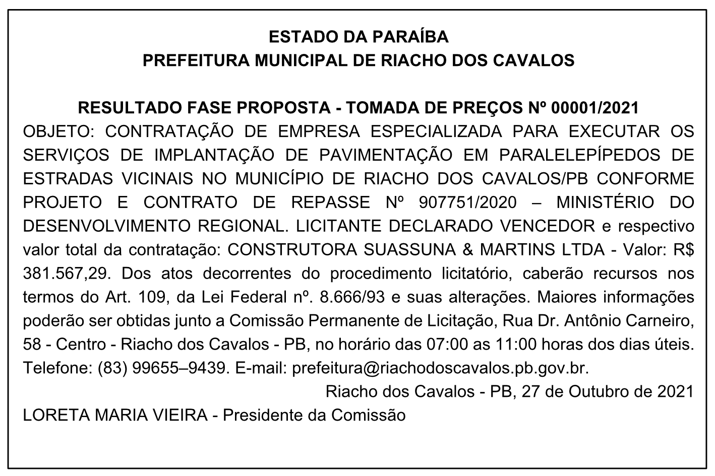 PREFEITURA MUNICIPAL DE RIACHO DOS CAVALOS – RESULTADO FASE PROPOSTA – TOMADA DE PREÇOS Nº 00001/2021