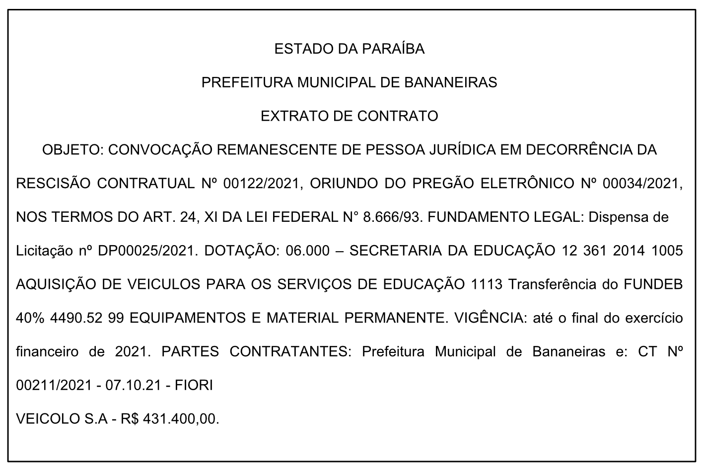PREFEITURA MUNICIPAL DE BANANEIRAS – EXTRATO DE CONTRATO