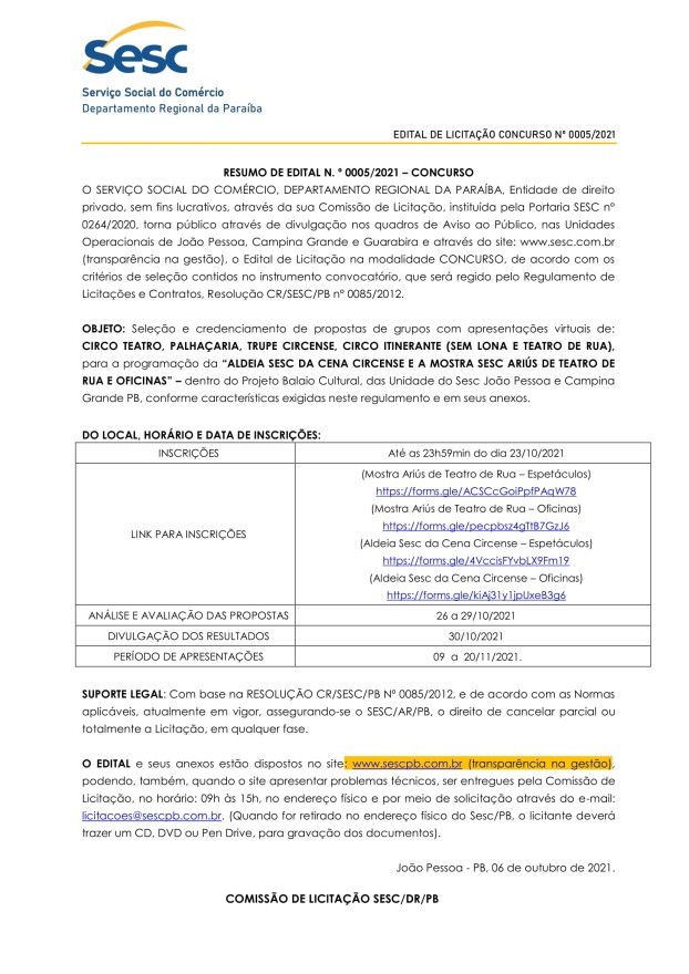 SESC – RESUMO DE EDITAL N.º 0005/2021 – CONCURSO