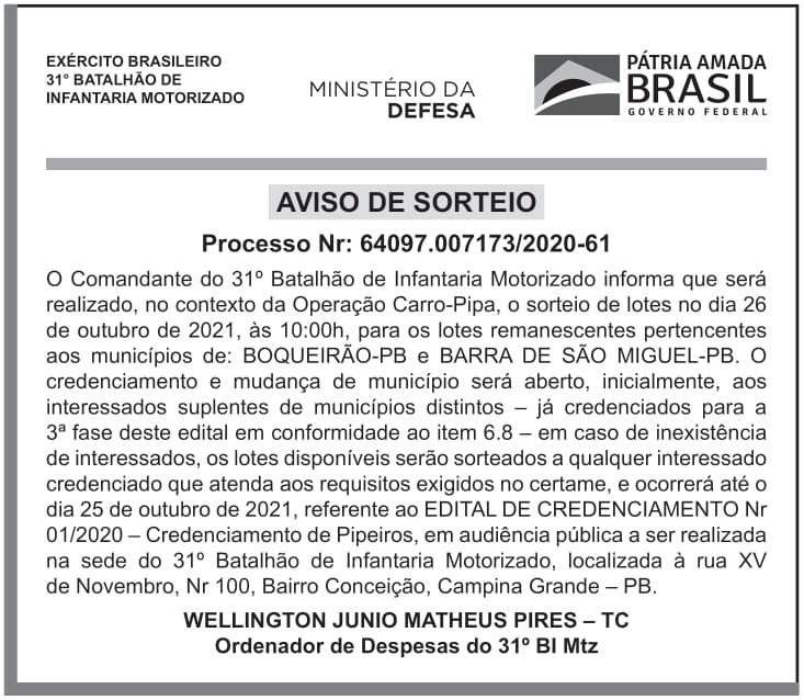 CMDO – 31º B INF MTZ – PB Campina Grande – AVISO DE SORTEIO (PROCESSO Nr: 64097.007173/2020-61)