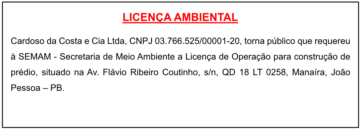 Cardoso da Costa e Cia Ltda – Licença Ambiental