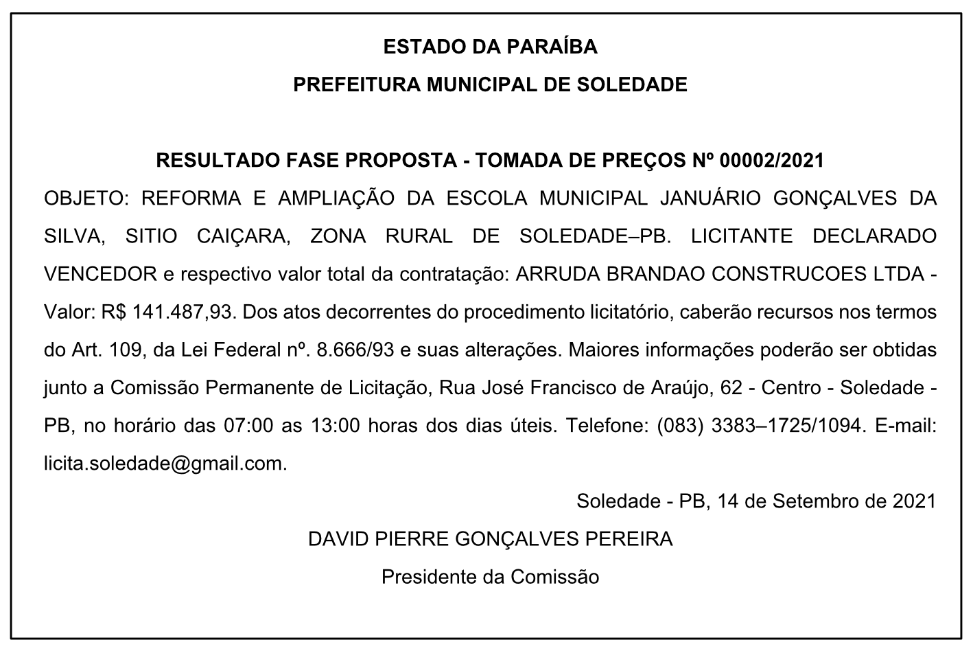 PREFEITURA MUNICIPAL DE SOLEDADE – RESULTADO FASE PROPOSTA – TOMADA DE PREÇOS Nº 00002/2021
