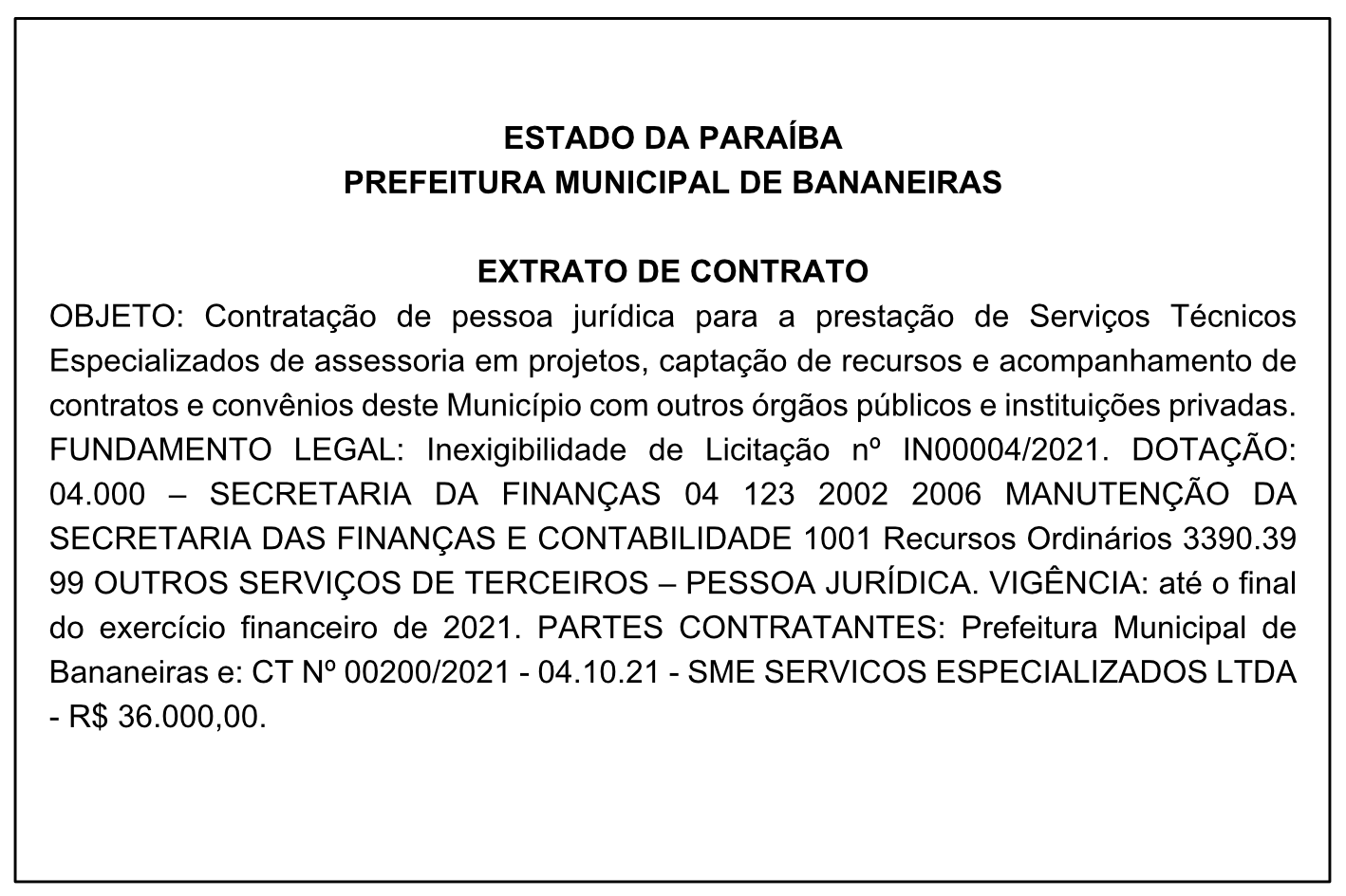 PREFEITURA MUNICIPAL DE BANANEIRAS – EXTRATO DE CONTRATO