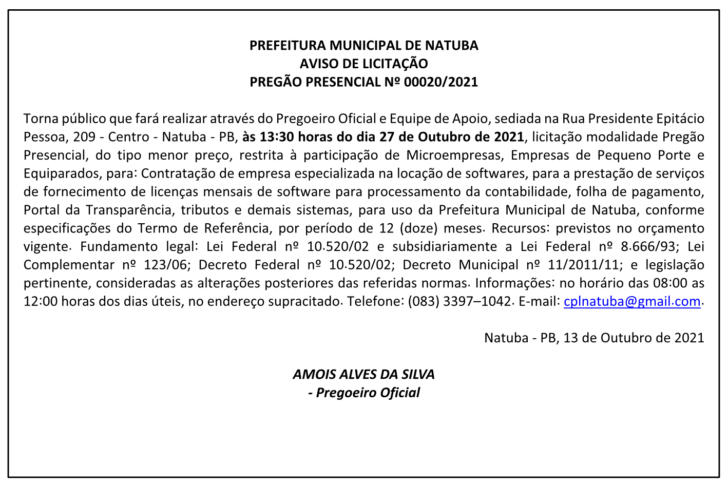 PREFEITURA MUNICIPAL DE NATUBA – AVISO DE LICITAÇÃO – PREGÃO PRESENCIAL Nº 00020/2021