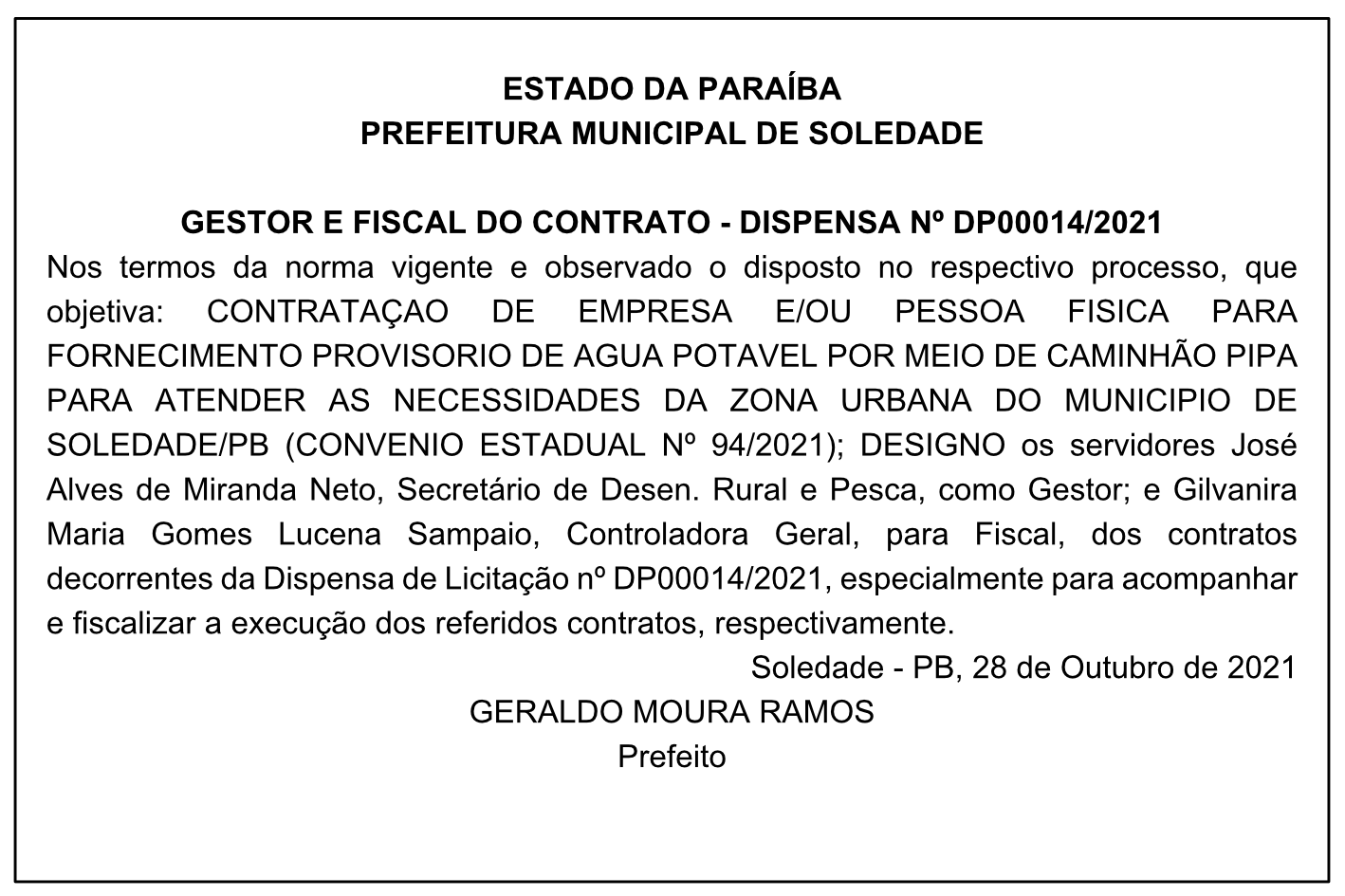 PREFEITURA MUNICIPAL DE SOLEDADE – GESTOR E FISCAL DO CONTRATO – DISPENSA Nº DP00014/2021