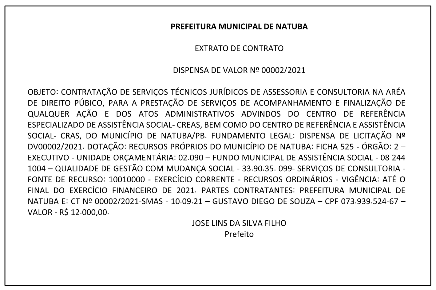 PREFEITURA MUNICIPAL DE NATUBA – EXTRATO DE CONTRATO – DISPENSA DE VALOR Nº 00002/2021