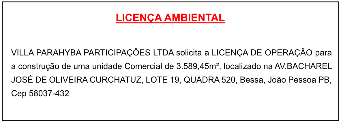 VILLA PARAHYBA PARTICIPAÇÕES LTDA – LICENÇA AMBIENTAL