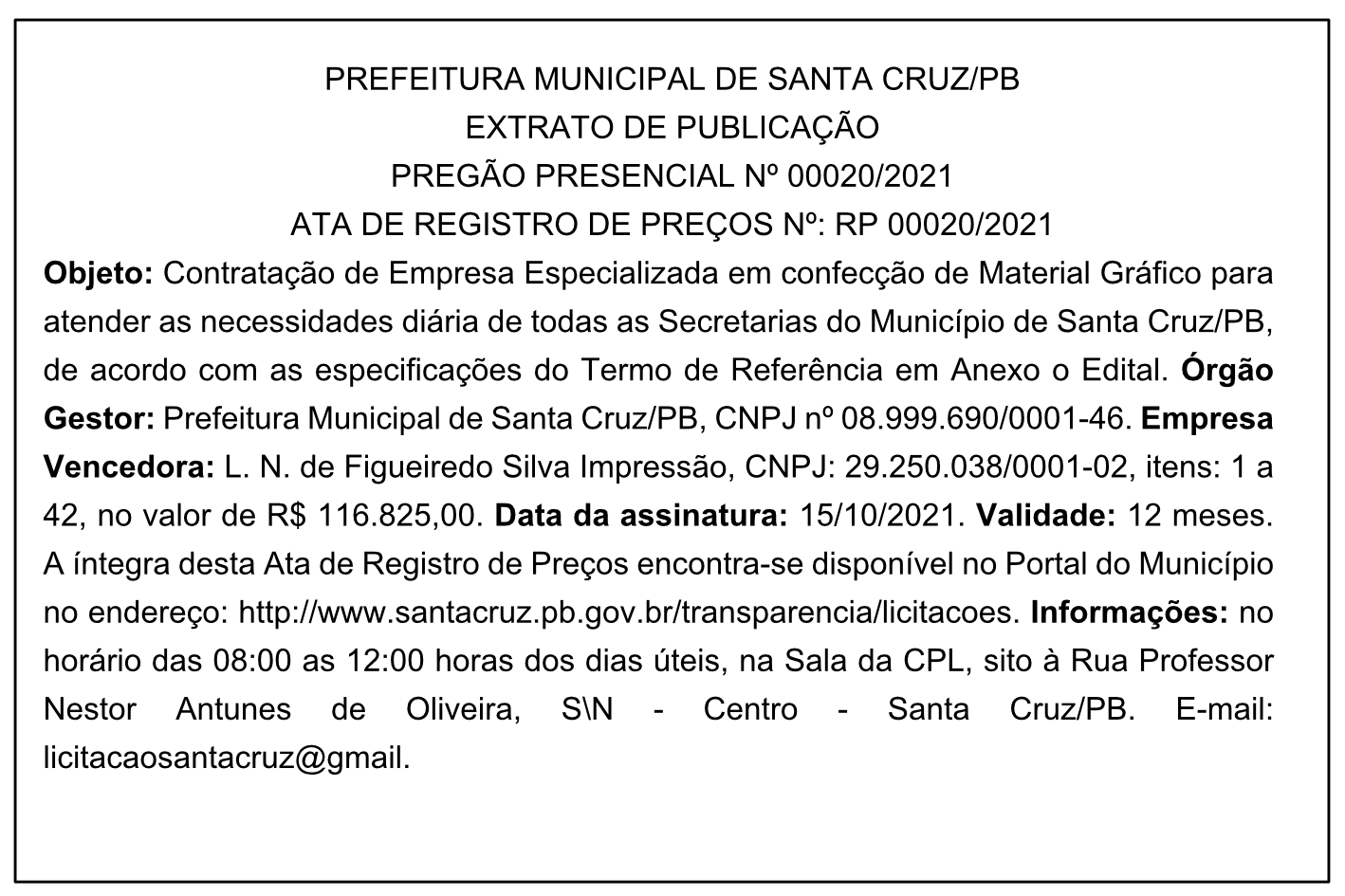 PREFEITURA MUNICIPAL DE SANTA CRUZ – EXTRATO DE PUBLICAÇÃO – PREGÃO PRESENCIAL Nº 00020/2021