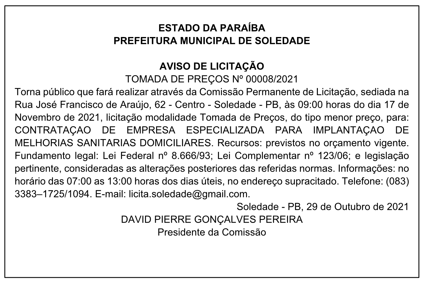 PREFEITURA MUNICIPAL DE SOLEDADE – AVISO DE LICITAÇÃO – TOMADA DE PREÇOS Nº 00008/2021