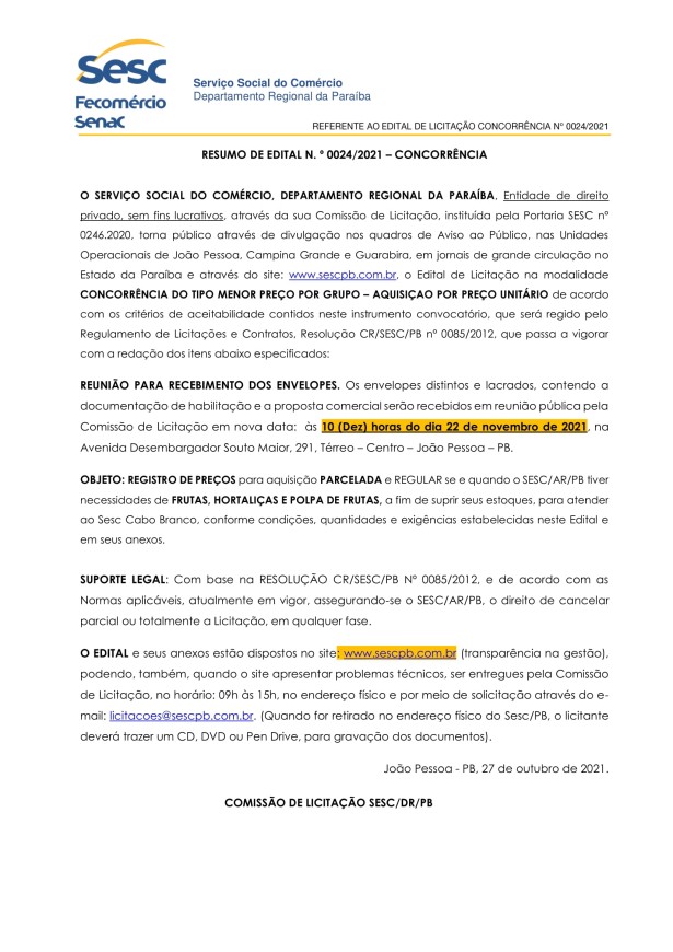 SESC – RESUMO DE EDITAL N. º 0024/2021 – CONCORRÊNCIA