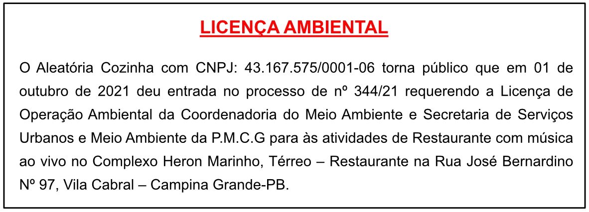 Aleatória Cozinha – Licença Ambiental