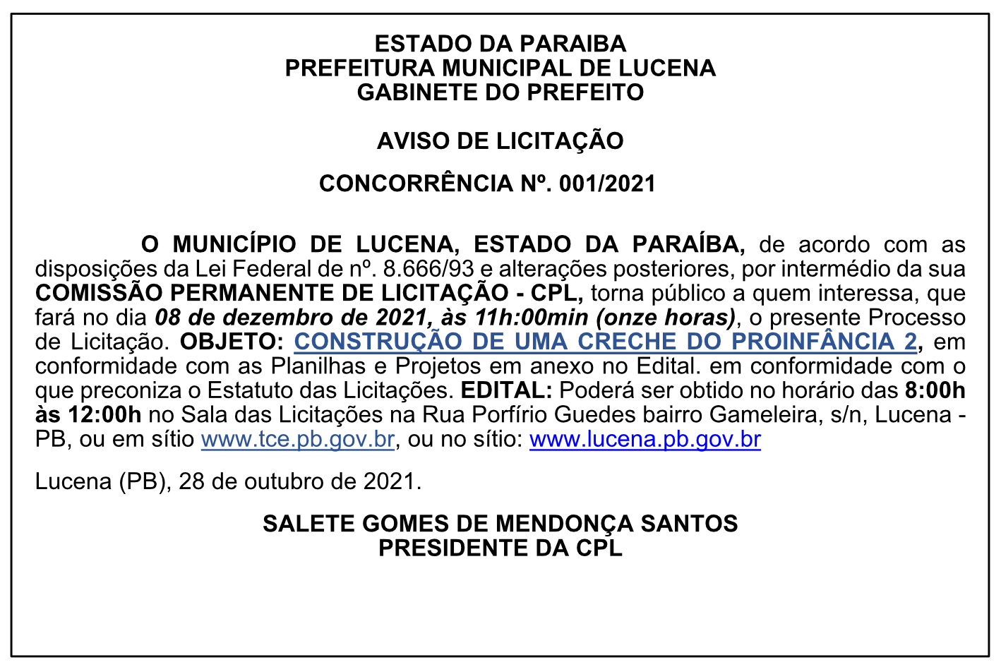 PREFEITURA MUNICIPAL DE LUCENA – GABINETE DO PREFEITO – AVISO DE LICITAÇÃO – CONCORRÊNCIA Nº. 001/2021