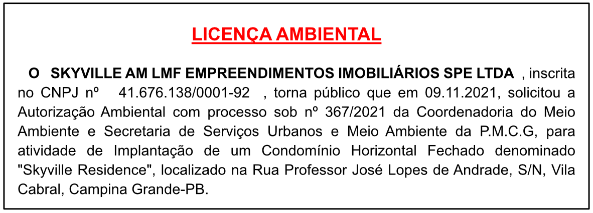 SKYVILLE AM LMF EMPREENDIMENTOS – AUTORIZAÇÃO AMBIENTAL