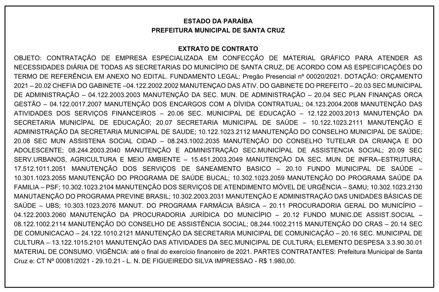 PREFEITURA MUNICIPAL DE SANTA CRUZ – EXTRATO DE CONTRATO