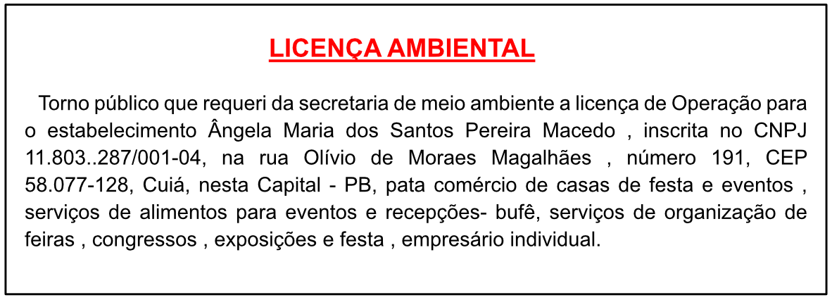Ângela Maria dos Santos Pereira Macedo – Licença Ambiental