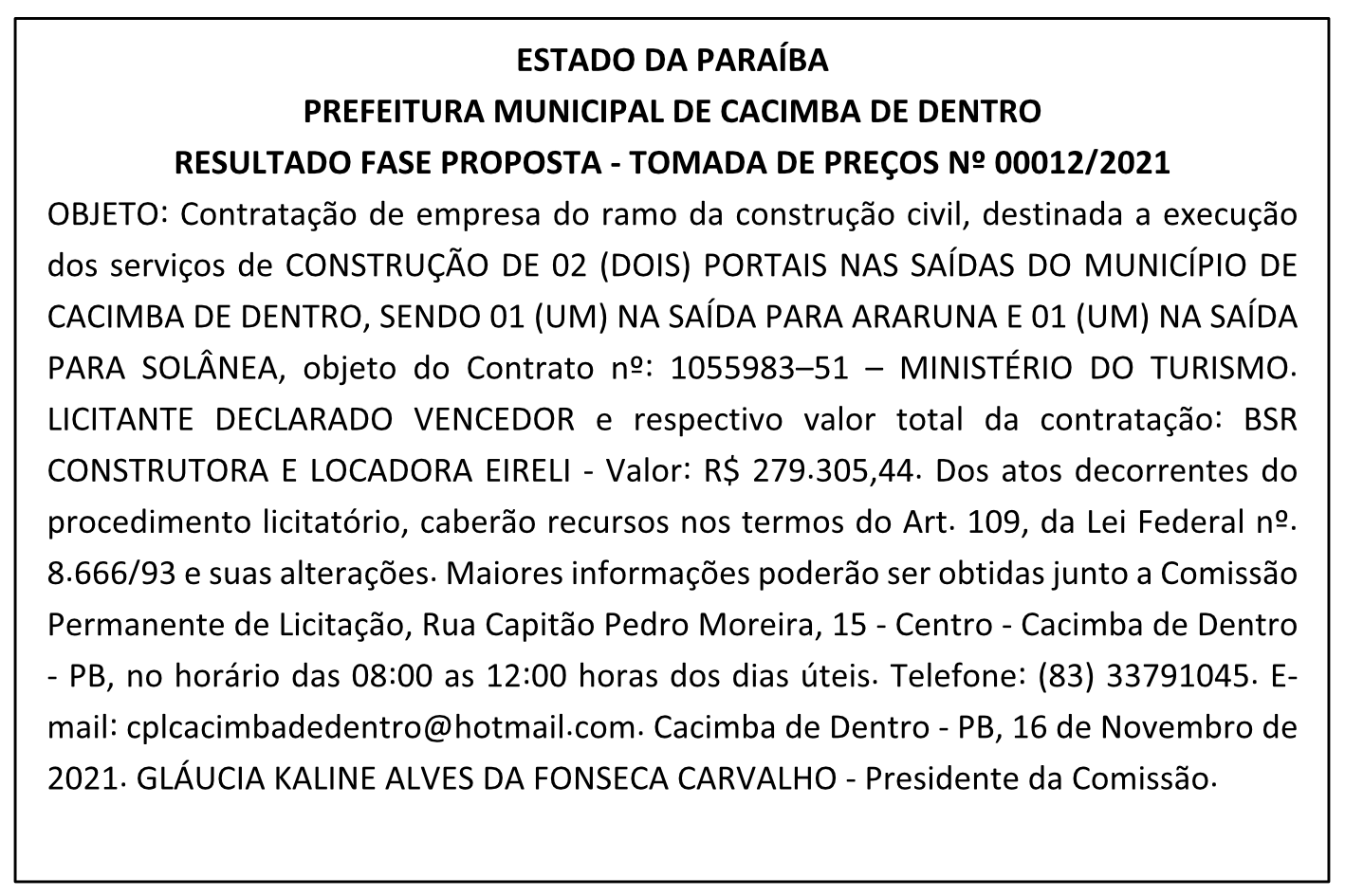 PREFEITURA MUNICIPAL DE CACIMBA DE DENTRO – RESULTADO FASE PROPOSTA – TOMADA DE PREÇOS Nº 00012/2021