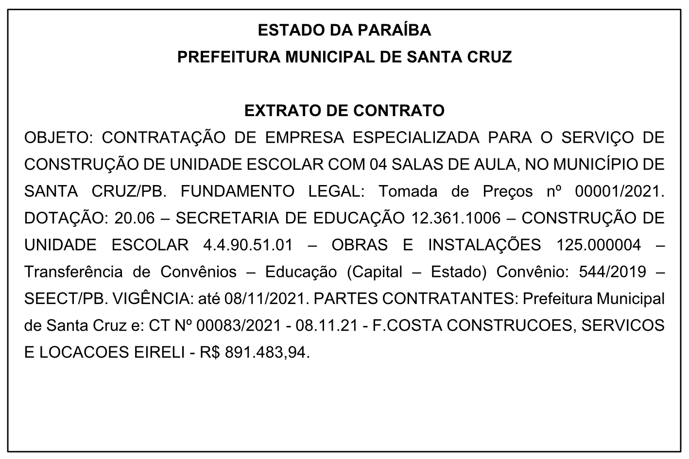 PREFEITURA MUNICIPAL DE SANTA CRUZ – EXTRATO DE CONTRATO
