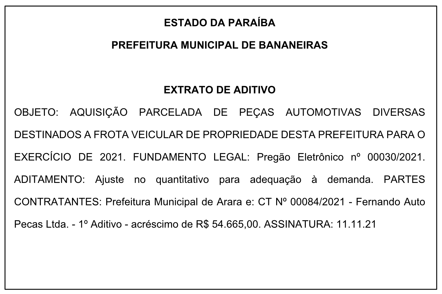 PREFEITURA MUNICIPAL DE BANANEIRAS – EXTRATO DE ADITIVO
