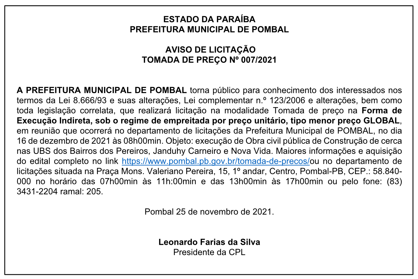 PREFEITURA MUNICIPAL DE POMBAL – AVISO DE LICITAÇÃO – TOMADA DE PREÇO Nº 007/2021