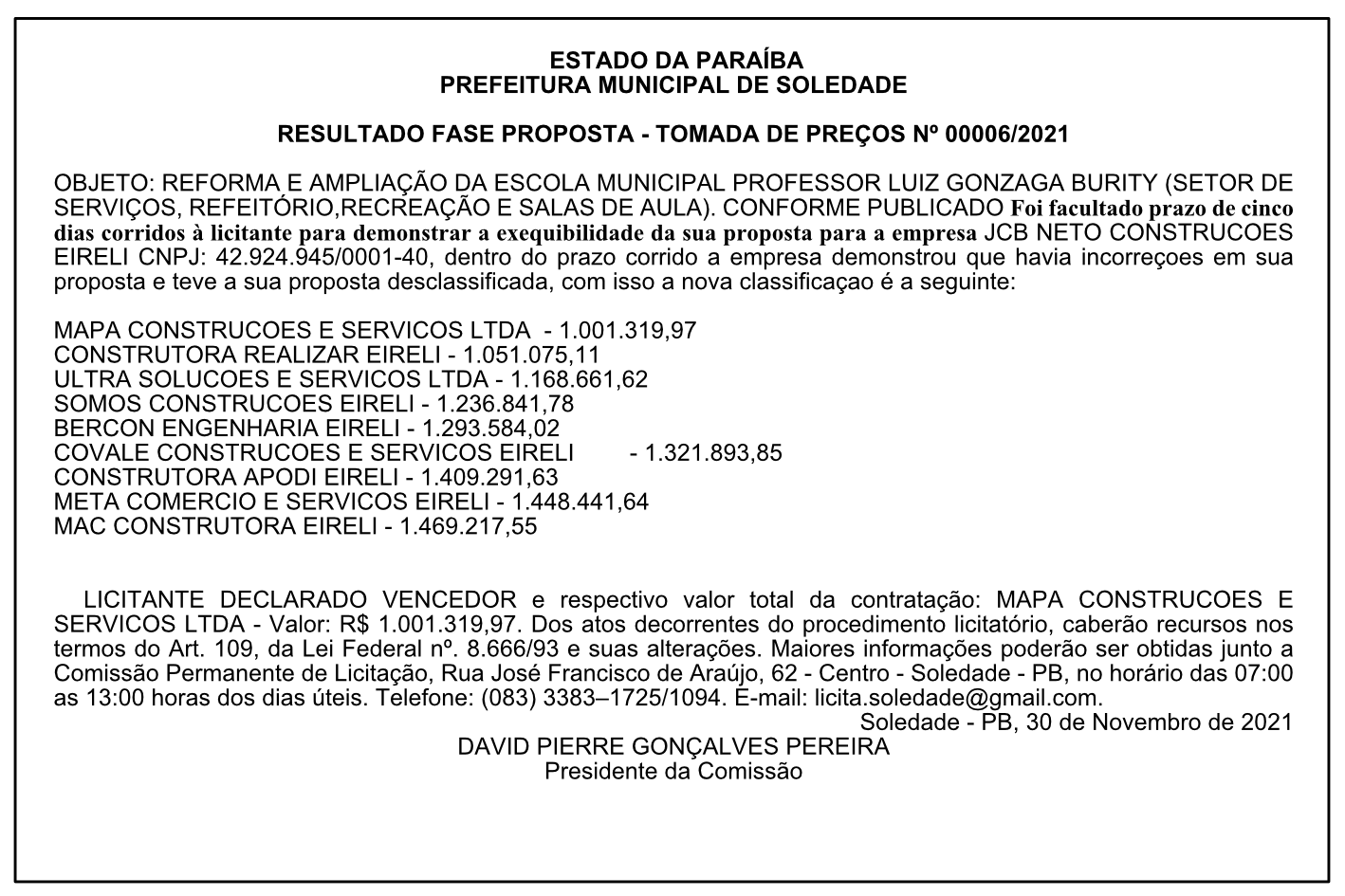 PREFEITURA MUNICIPAL DE SOLEDADE – RESULTADO FASE PROPOSTA – TOMADA DE PREÇOS Nº 00006/2021