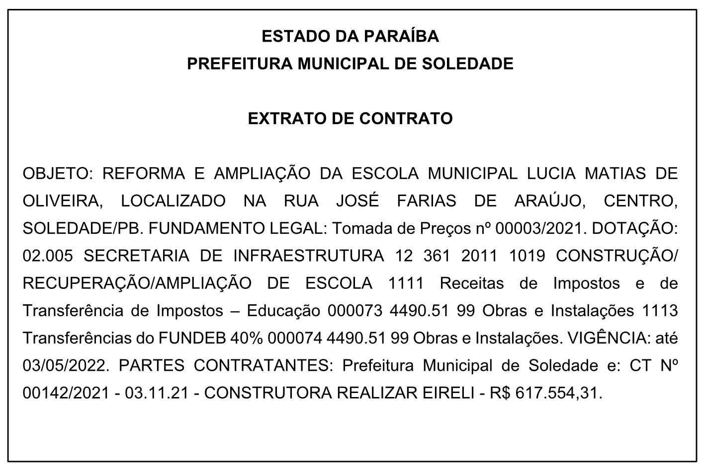 PREFEITURA MUNICIPAL DE SOLEDADE – EXTRATO DE CONTRATO